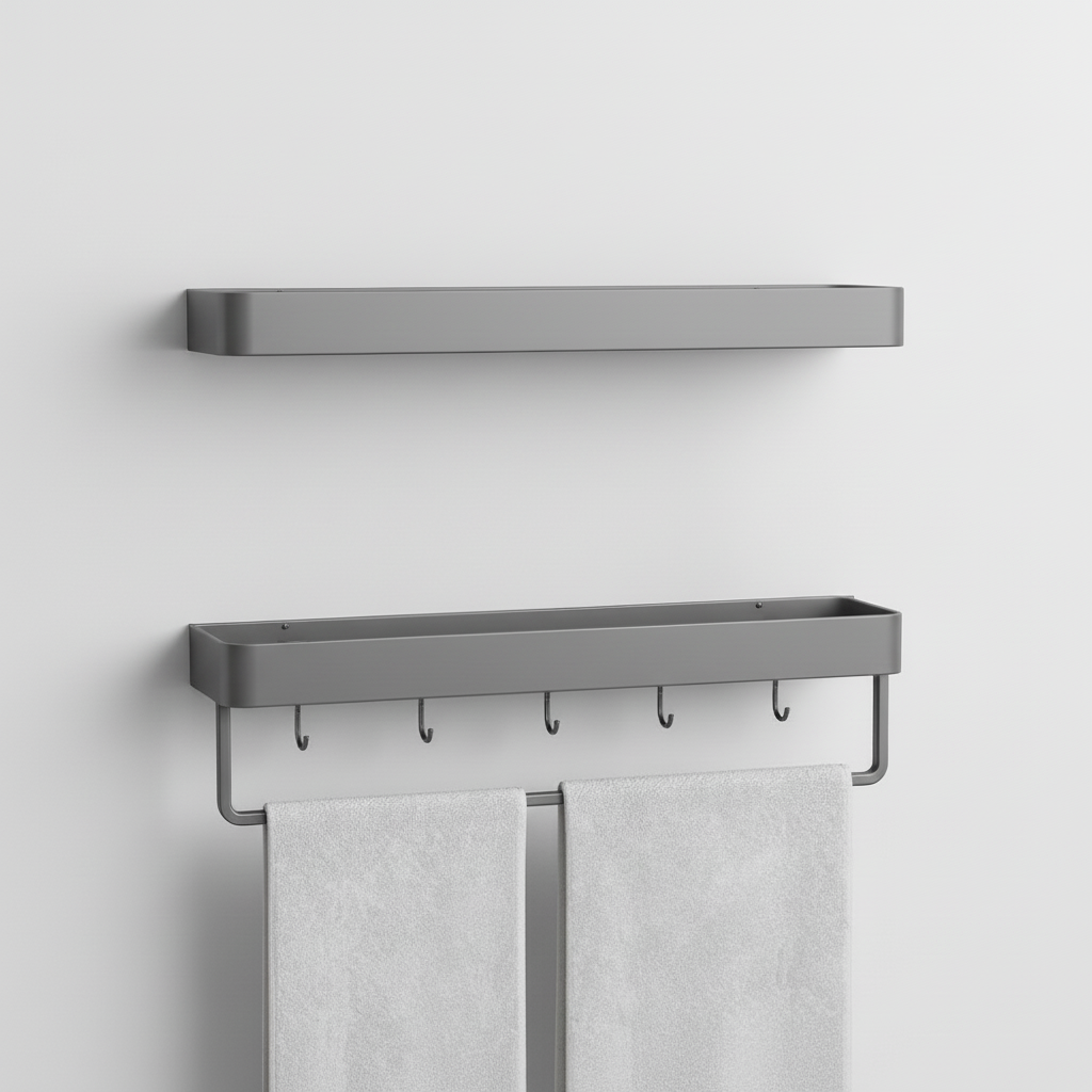 Organixy matte gray wall shelf providing sleek, unobtrusive storage for towels or cookware