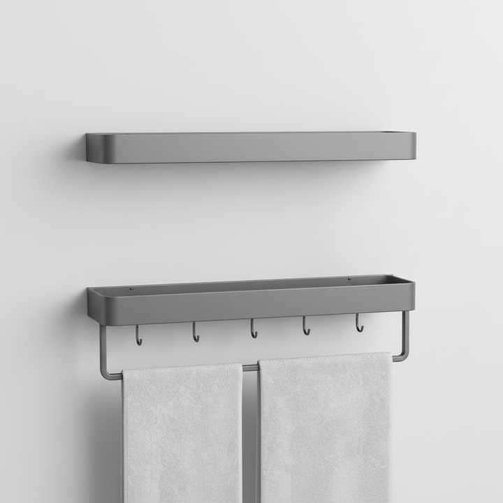 Organixy matte gray wall shelf providing sleek, unobtrusive storage for towels or cookware