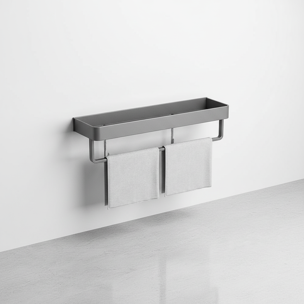 Stylish matte gray wall shelf holding kitchen essentials, perfect for modern home organization