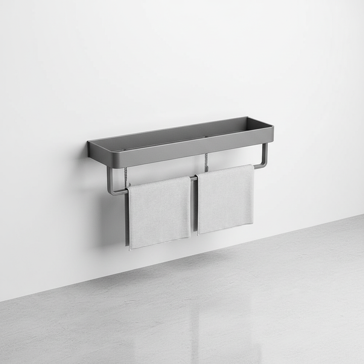 Stylish matte gray wall shelf holding kitchen essentials, perfect for modern home organization
