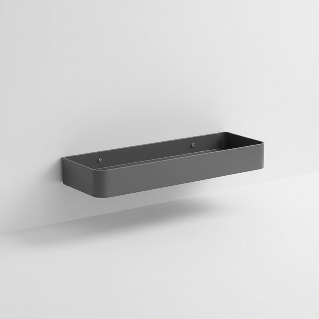 Wall-mounted matte gray shelf acting as a towel rack in a contemporary bathroom setting