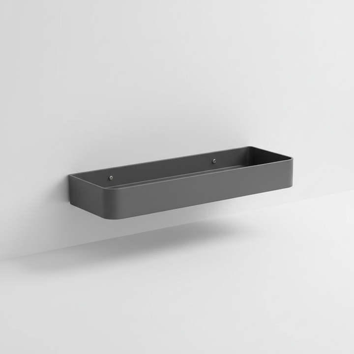 Wall-mounted matte gray shelf acting as a towel rack in a contemporary bathroom setting