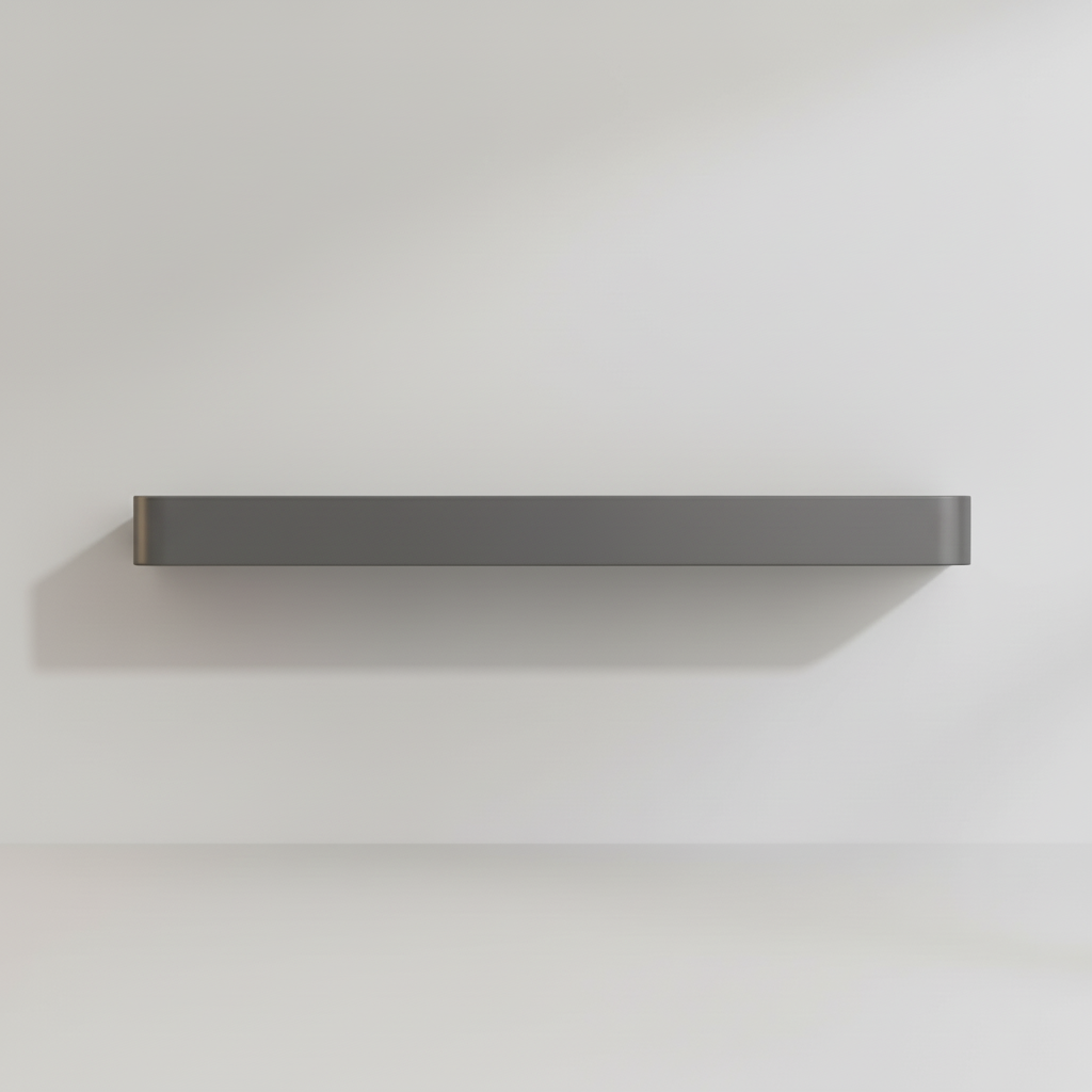 Clean lines of a matte gray floating shelf, enhancing modern bathroom decor