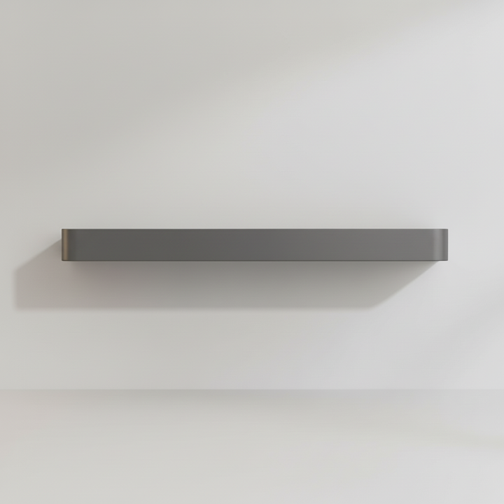 Clean lines of a matte gray floating shelf, enhancing modern bathroom decor