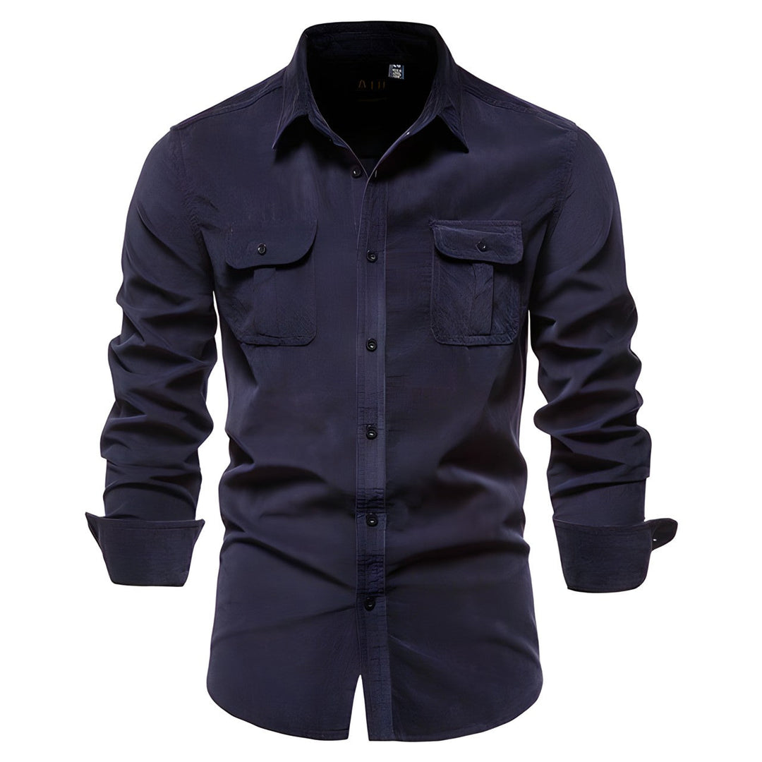 Comfortable men's Aiden button-up shirt, modern design, perfect for stylish, versatile wardrobe needs.