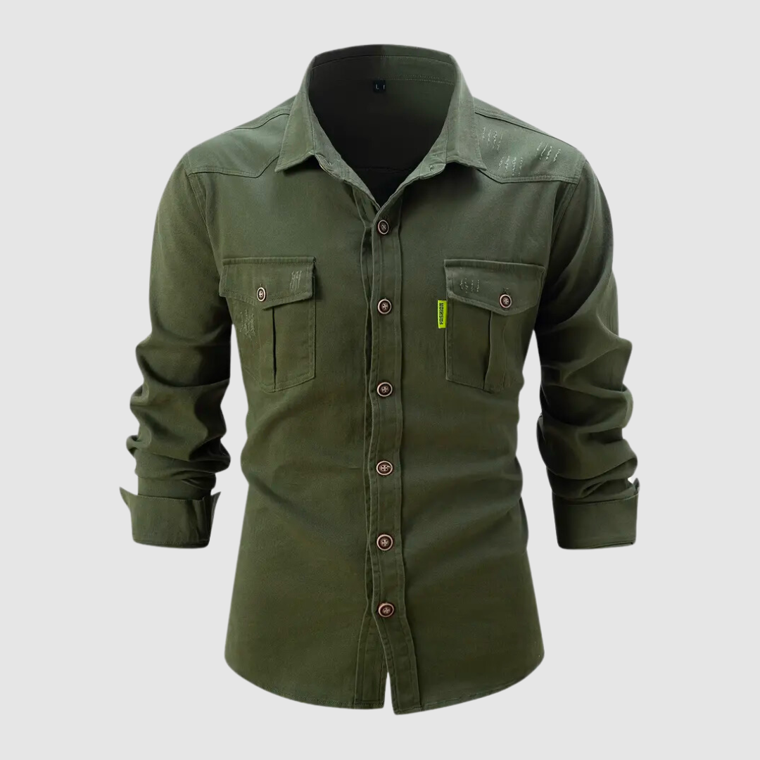 Modern men's button-up shirt in a stylish solid color, perfect for smart casual or trendy everyday wear. Long sleeve.