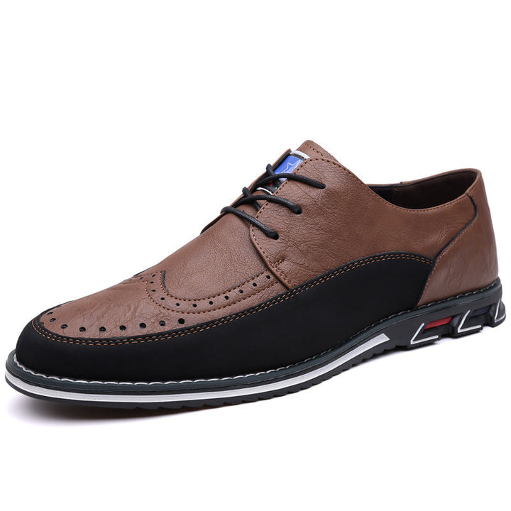 Men's modern hybrid dress shoes, side view, showcasing cushioned sole and sleek design.