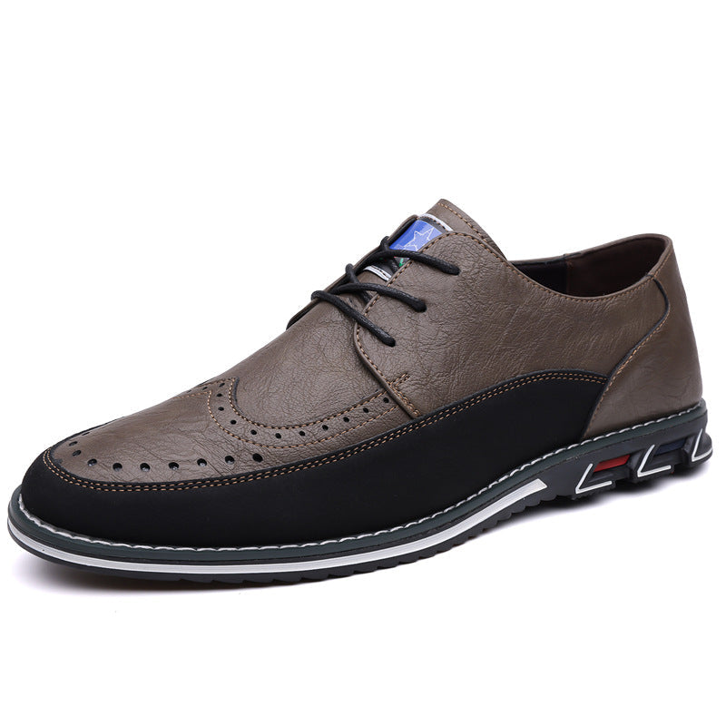 Men's modern hybrid dress shoes worn, demonstrating comfortable fit and stylish appearance.