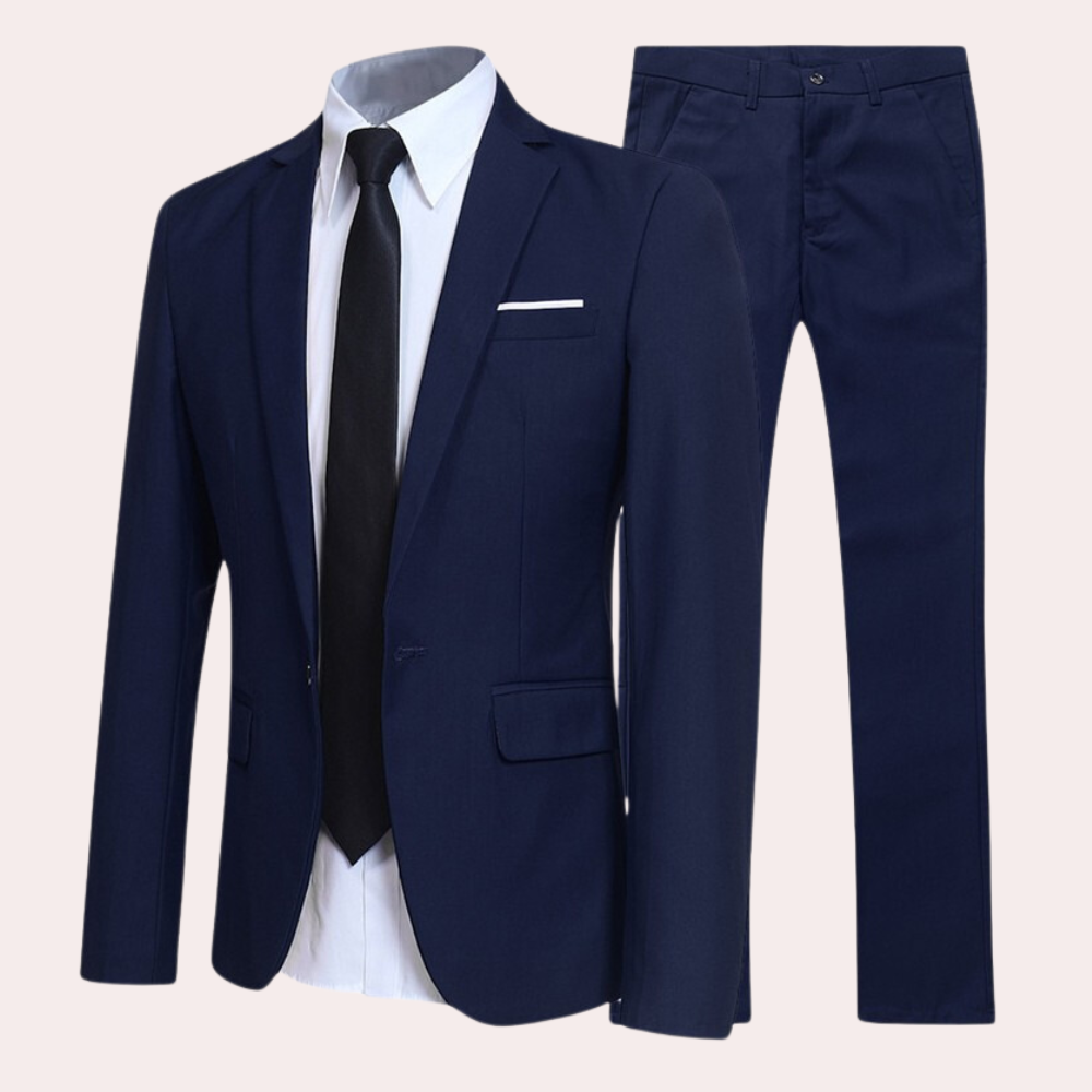 Stylish men's slim fit dress suit. Versatile modern formal wear for business attire, weddings, or parties.