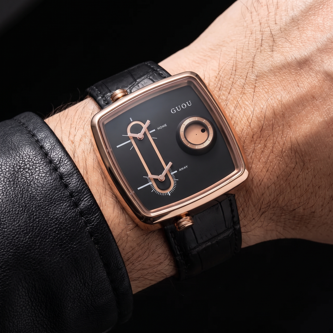 Modern men's square dial quartz watch with dual time function and black leather strap.