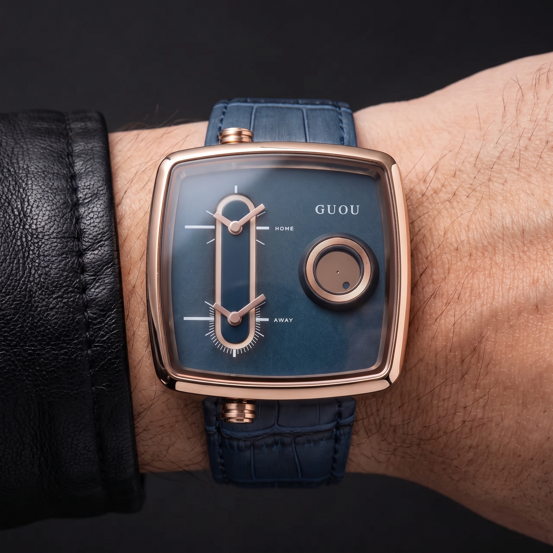 Versatile men's modern square quartz watch with precise dual time, durable leather strap. Ideal for daily wear.