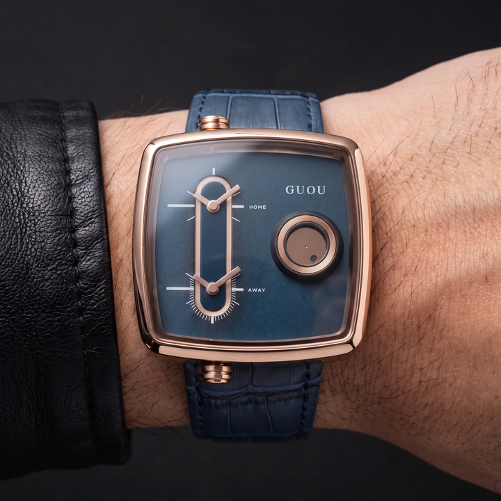 Versatile men's modern square quartz watch with precise dual time, durable leather strap. Ideal for daily wear.