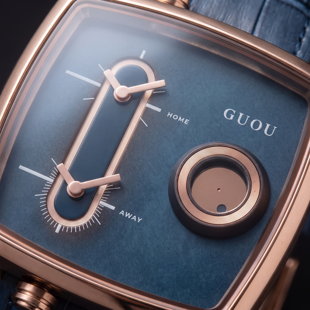Elegant men's fashion square dial quartz watch, showcasing dual time zones and a sleek leather bracelet.