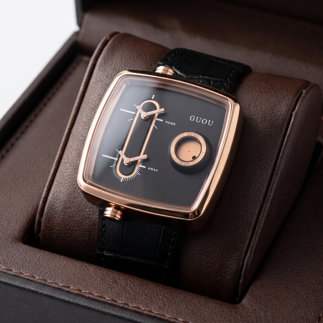 Close-up of a men's modern square dual-time quartz watch with a detailed black face & brown leather strap.