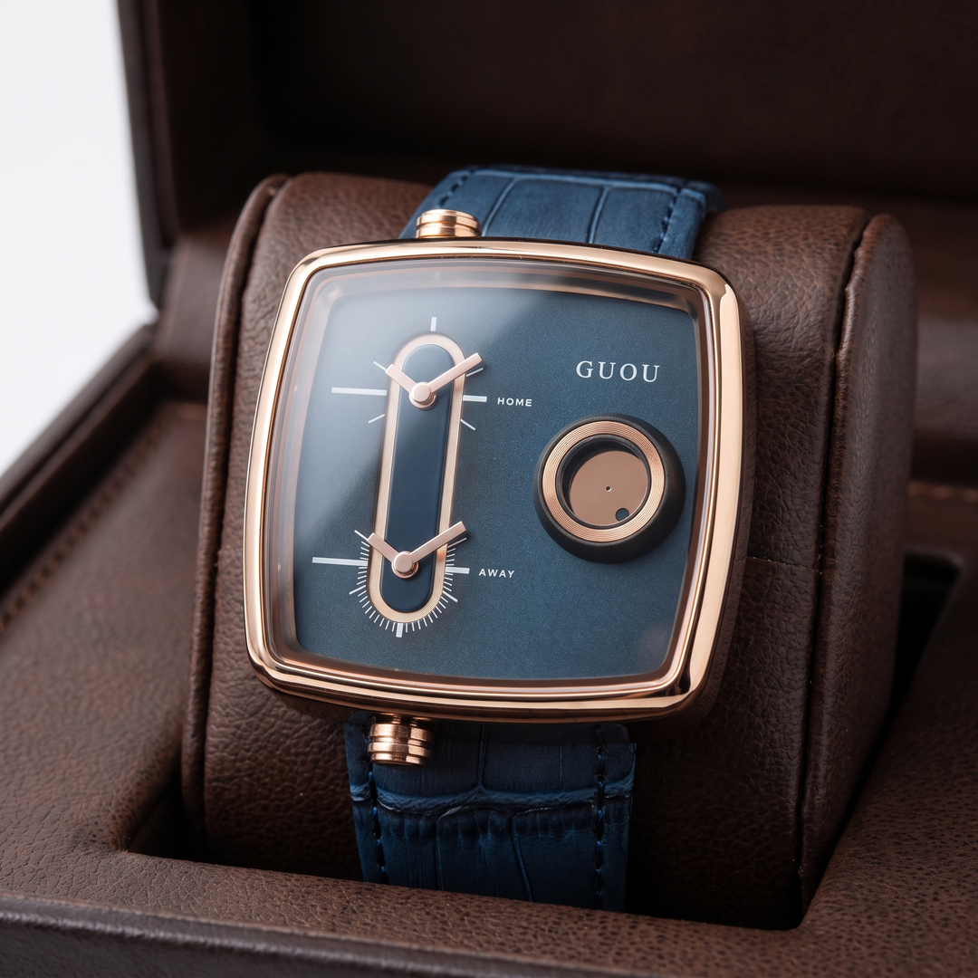 Men's contemporary square quartz watch. Features dual time, water resistance, and a comfortable leather strap.