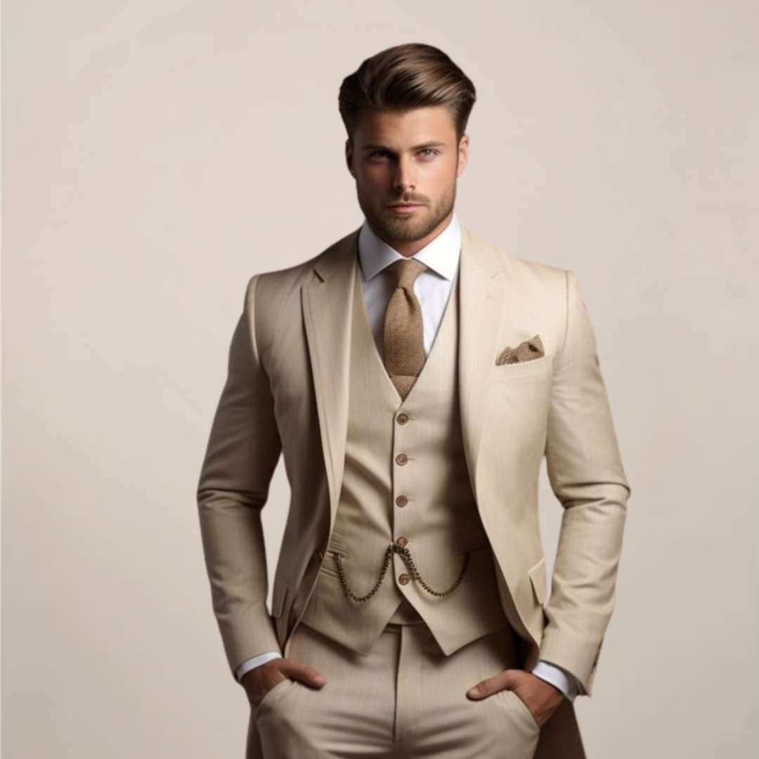 Elegant men's slim-fit suit jacket, part of a three-piece set. Modern style for business & formal occasions.