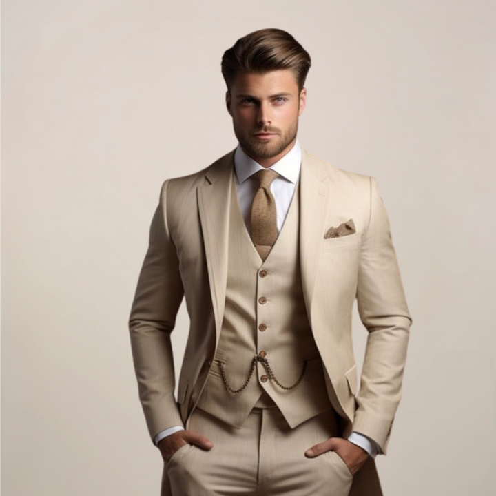 Elegant men's slim-fit suit jacket, part of a three-piece set. Modern style for business & formal occasions.
