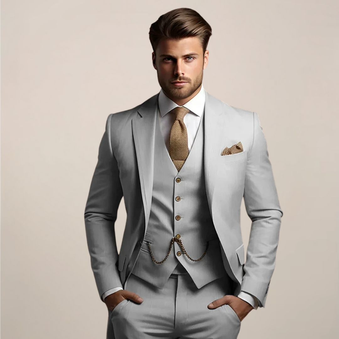 Stylish men's three-piece suit waistcoat. Slim fit design enhances a modern, elegant formal wear look.