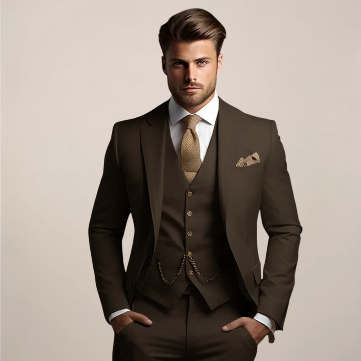 Complete men's three-piece slim-fit suit, showcasing modern and versatile formal fashion. Ideal for events.