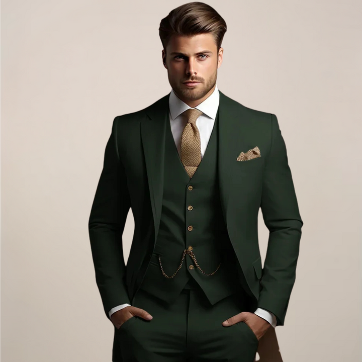Man wearing a sharp modern slim-fit three-piece suit. Perfect men's fashion for business or wedding events.