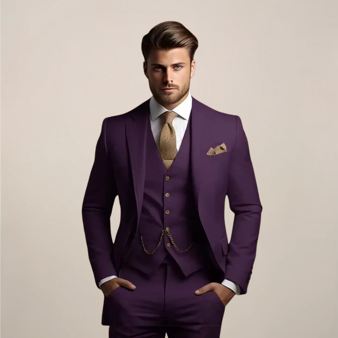 Contemporary men's three-piece slim-fit suit trousers. Modern formal wear for an elegant and versatile outfit.