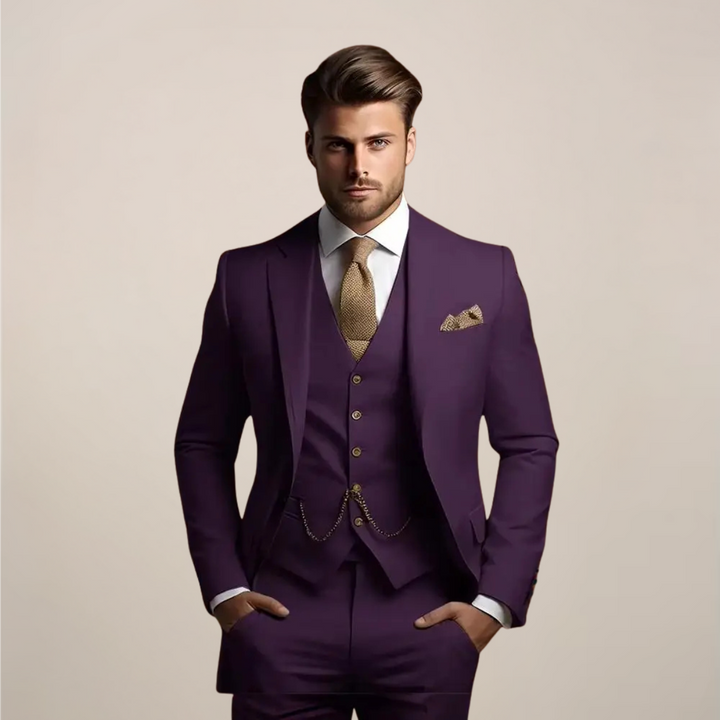 Contemporary men's three-piece slim-fit suit trousers. Modern formal wear for an elegant and versatile outfit.