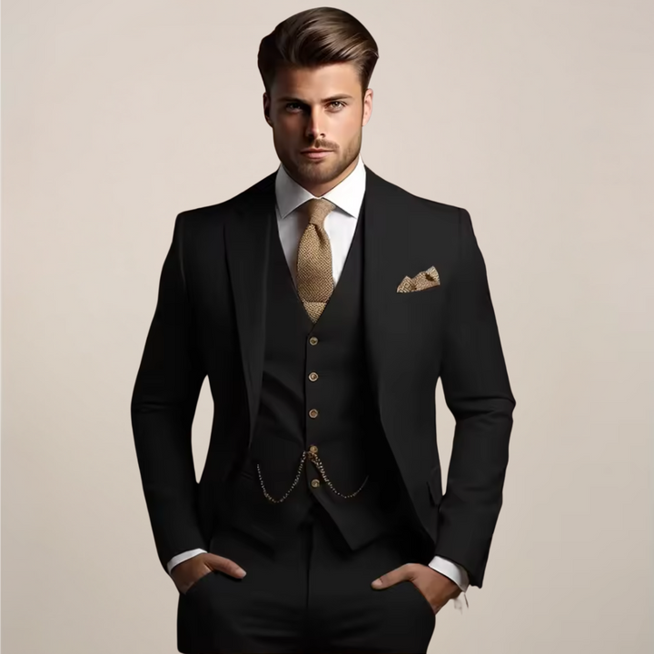 Modern men's three-piece suit with a sharp slim fit. Ideal elegant formal wear for weddings & special events.