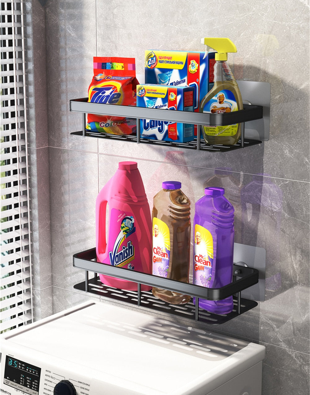 Innovative no-drill suction cup metal shelf. Transform your bathroom with easy storage.