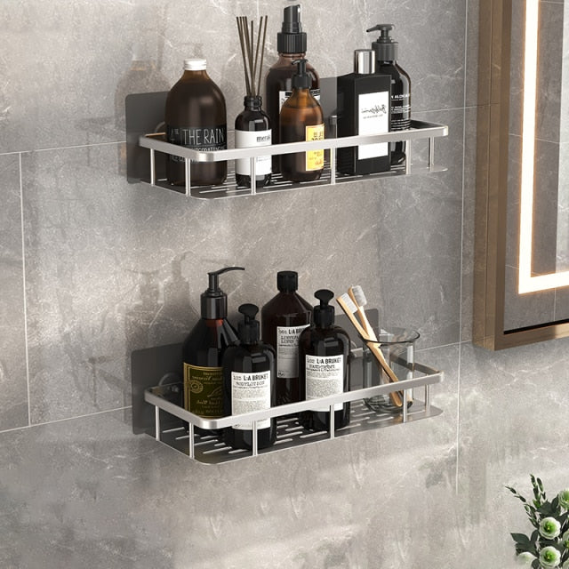 Robust metal suction cup shelf for shower use. No-drill installation, ideal for bathroom storage.