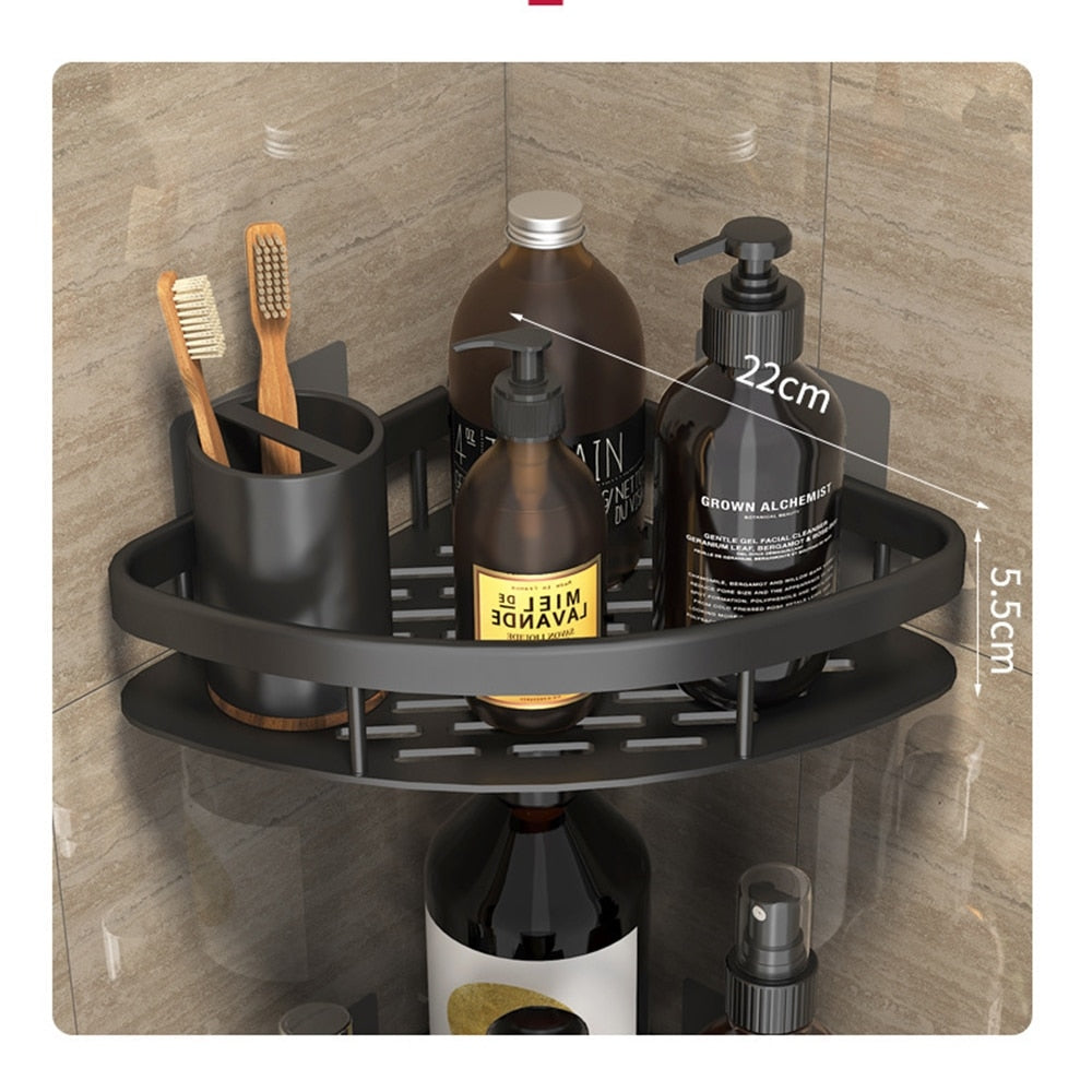Black modern metal suction bathroom shelf. No-drill installation for sleek storage & accessories.