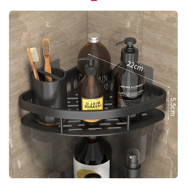 Black modern metal suction bathroom shelf. No-drill installation for sleek storage & accessories.