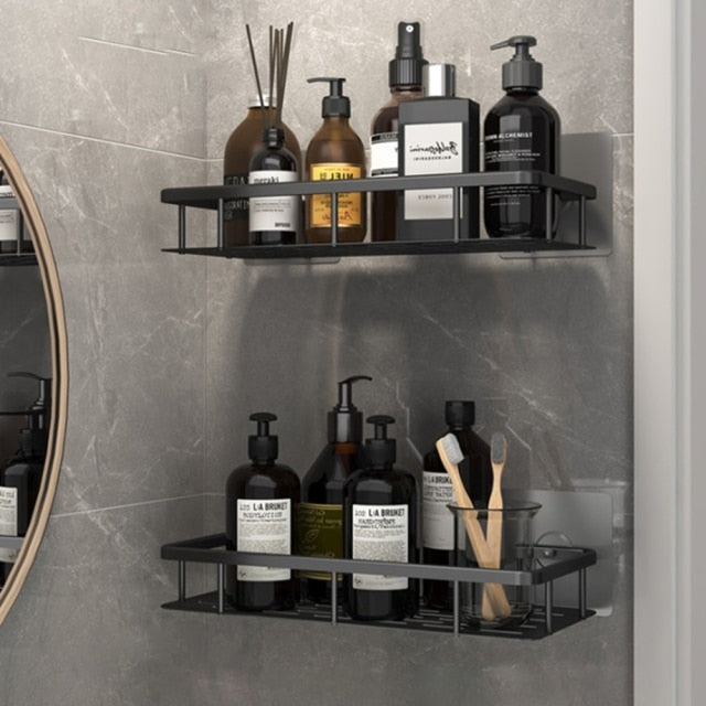 Corner modern metal suction shower shelf. Maximize space with no-drill bathroom storage.