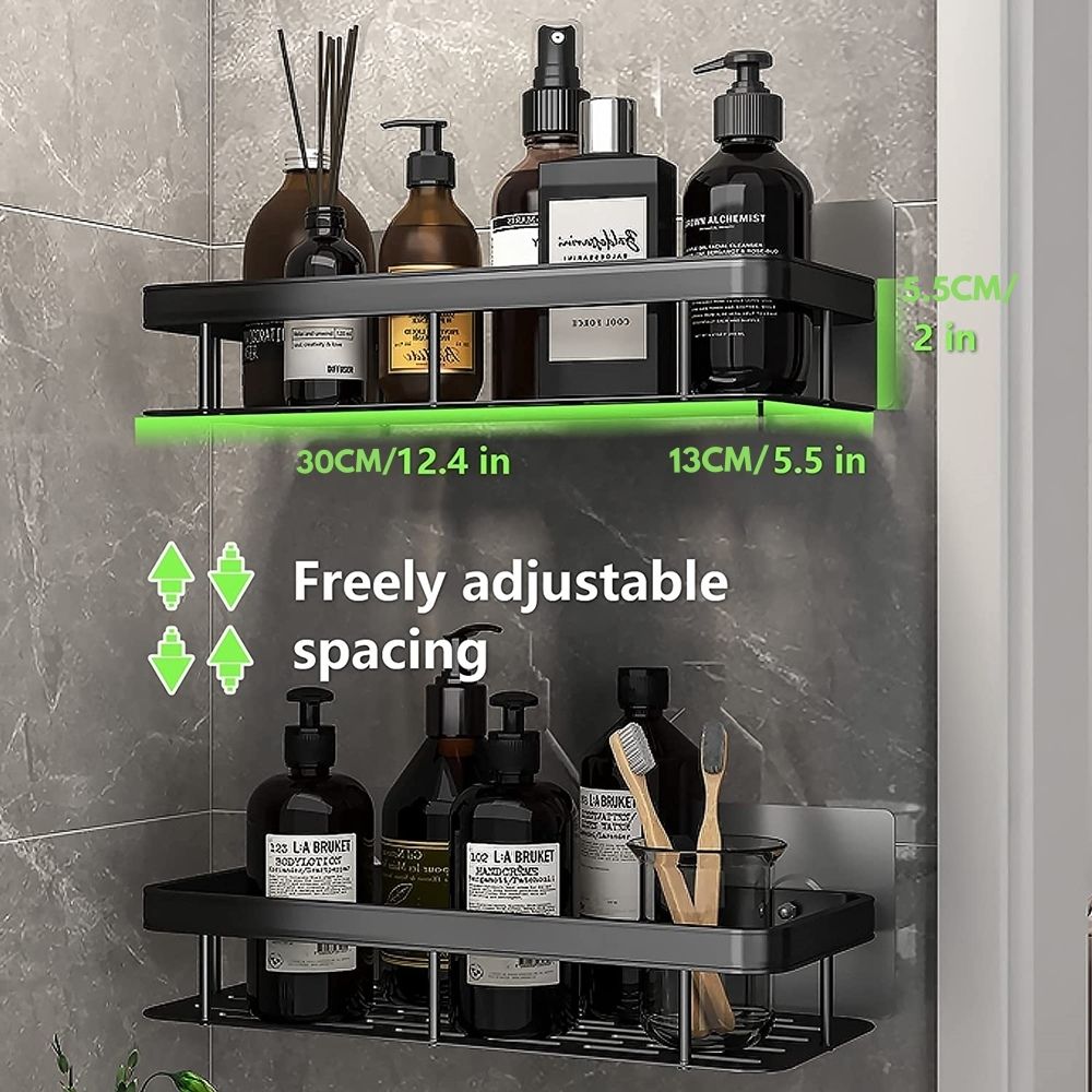 Two-tier modern metal suction cup bathroom shelf. Ample no-drill storage for toiletries.