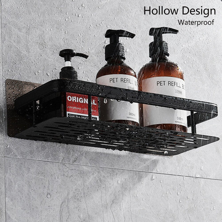 Sleek modern metal suction shelf for easy bathroom storage. Perfect no-drill wall organizer.