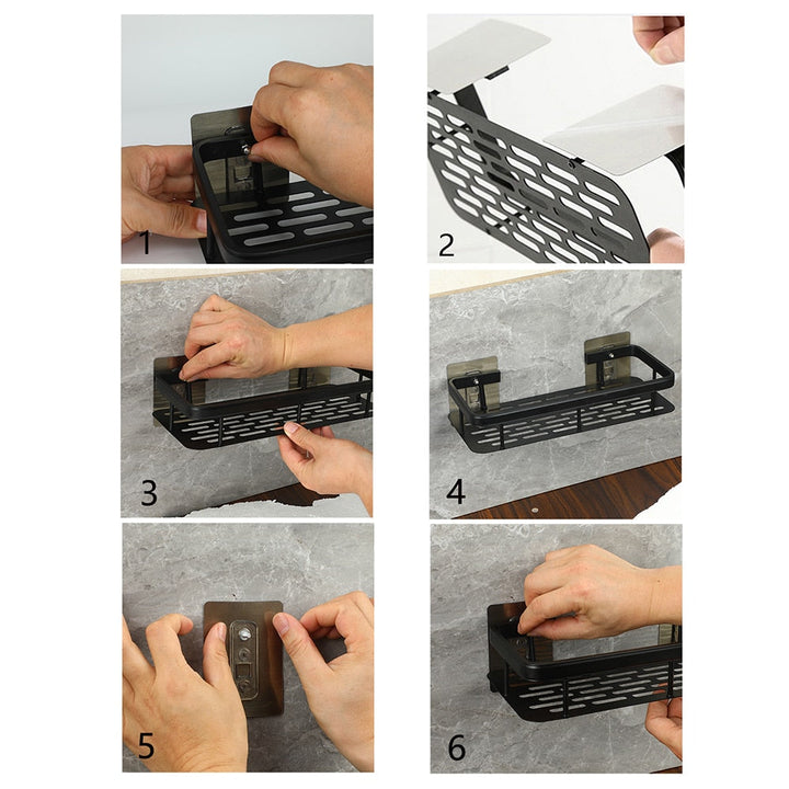 Modern metal suction cup shelf holding towels & bathroom accessories. Easy, no-drill storage.