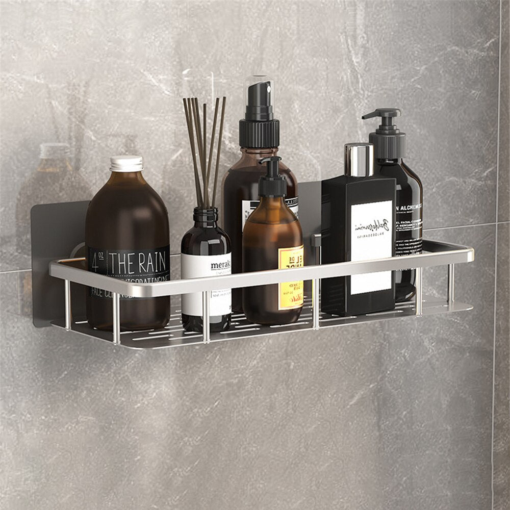 No-drill metal suction shower caddy for modern bathroom accessories & easy storage.