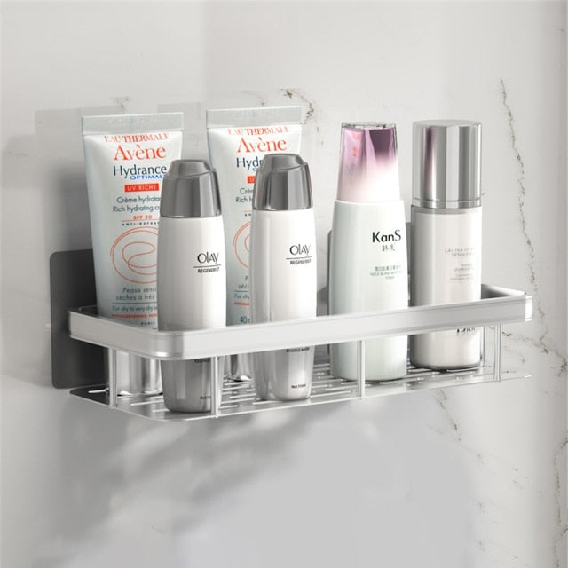 Contemporary metal suction shelf for convenient bathroom organization. Sleek & practical.