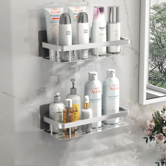 Stylish metal suction shower organizer for shampoos & soaps. Easy, no-drill installation.