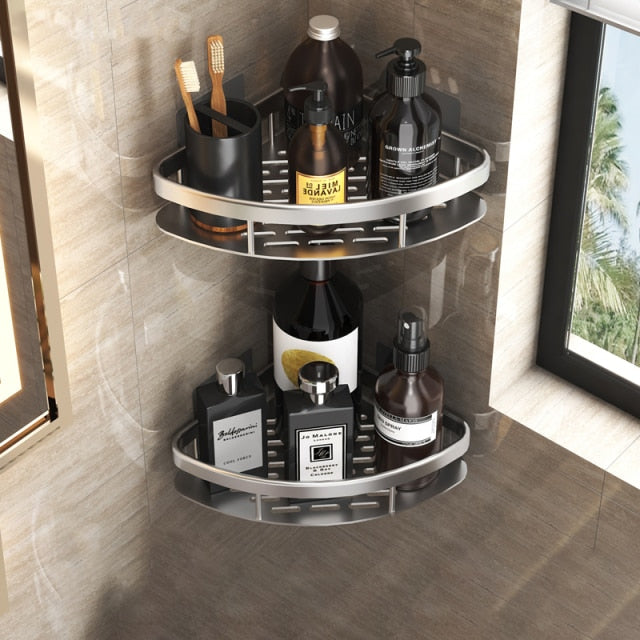 Chrome finish modern metal suction shelf. Perfect for sleek bathroom storage & accessories.