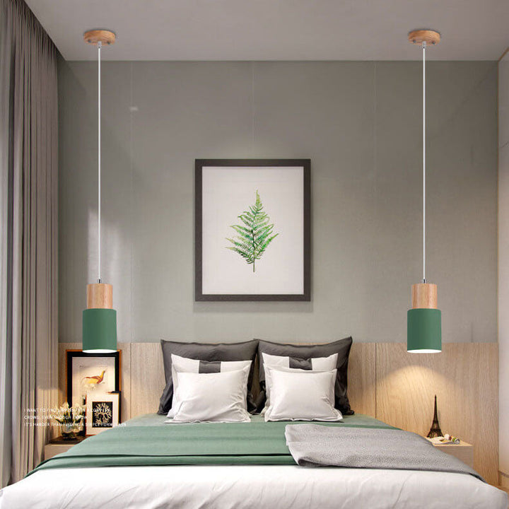 Brushed aluminum minimalist LED cylinder pendant lamp, premium modern home decor.