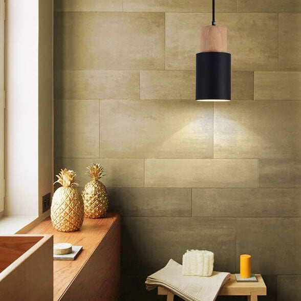 Detail of LED light source within minimalist cylinder pendant lamp, modern illumination.