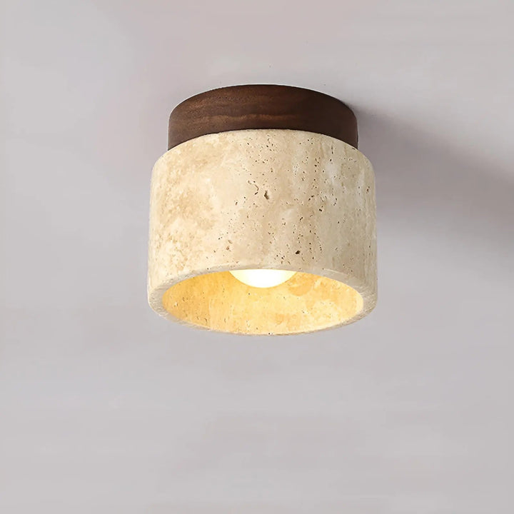 Rustic home decor: elegant wood & travertine ceiling light fixture for natural ambient lighting.