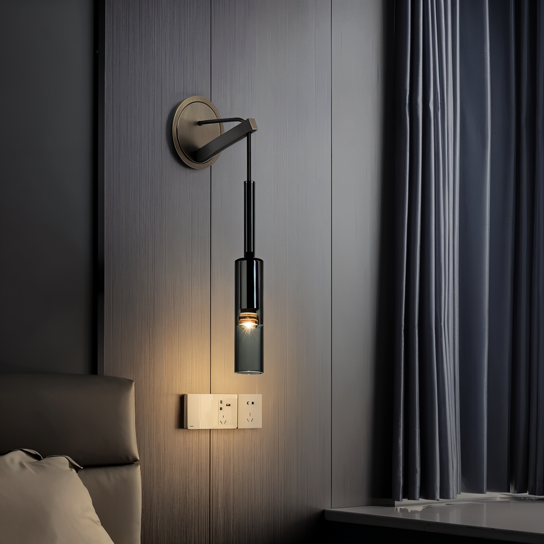 Wall-mounted modern minimalist lamp with a round smoked glass diffuser, ideal for interior design.