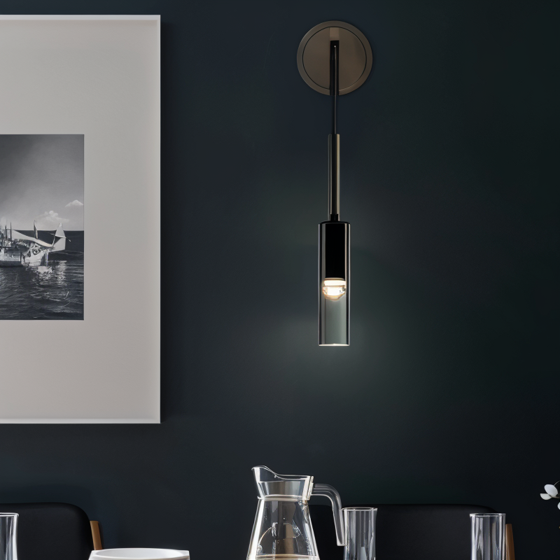 Orvane modern minimalist wall lamp with smoked glass, providing sophisticated ambient LED lighting.