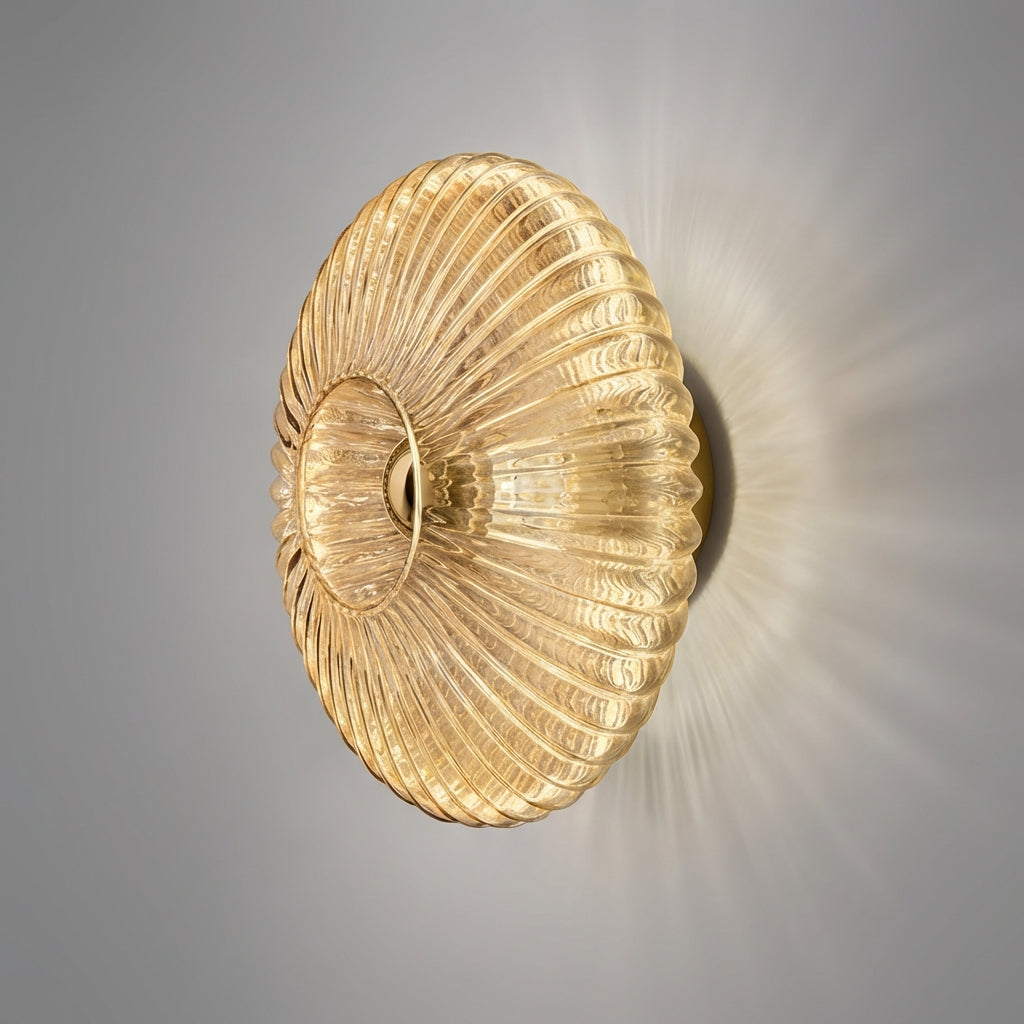 Aurafold glass wall sconce, minimalist design for ambient indoor lighting.