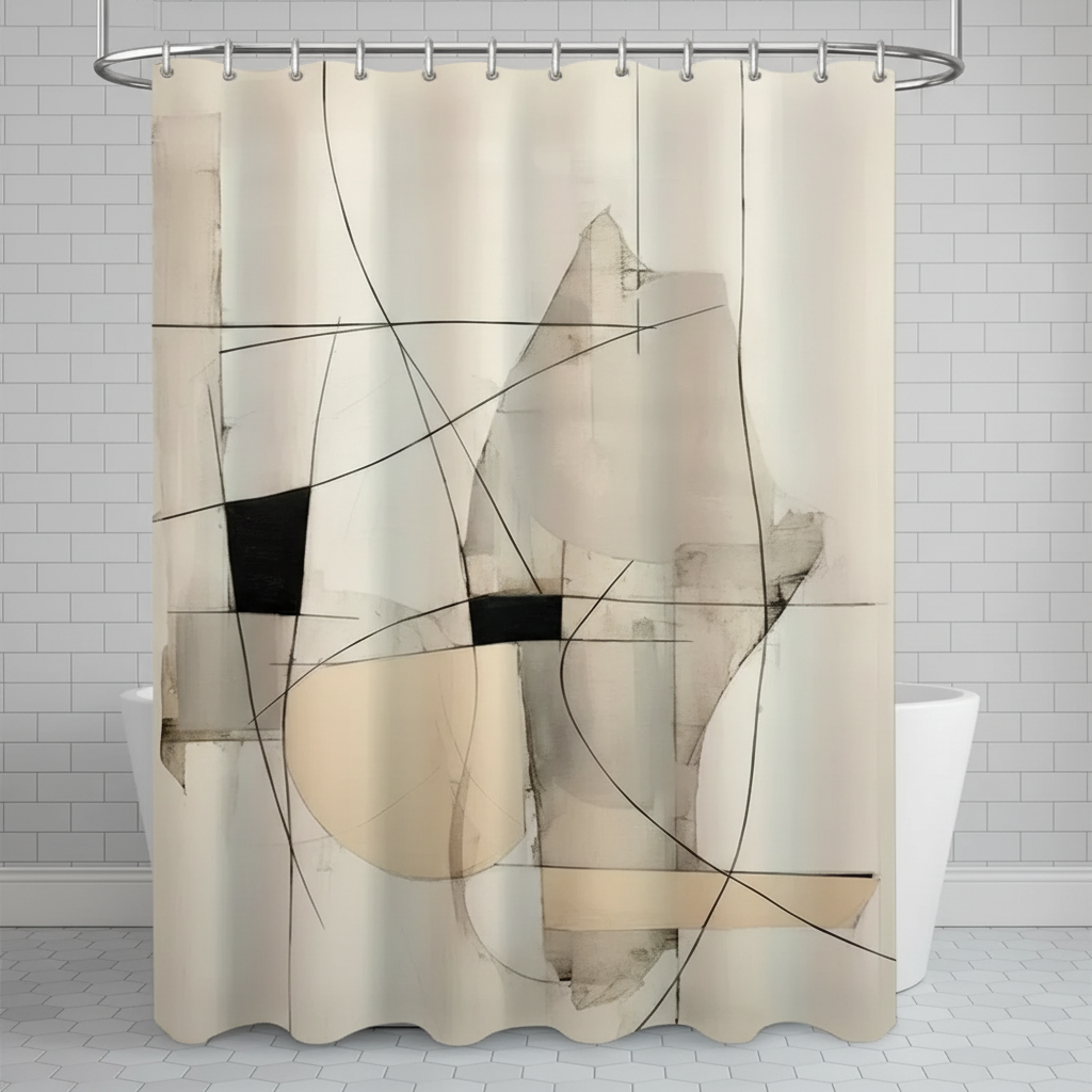 Modern MonoSpace abstract water-repellent shower curtain with geometric pattern, perfect for contemporary bathroom decor.