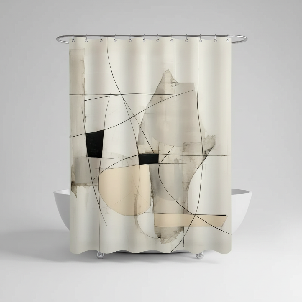 Geometric pattern on a MonoSpace shower curtain, showcasing its modern abstract design and water-repellent polyester fabric.