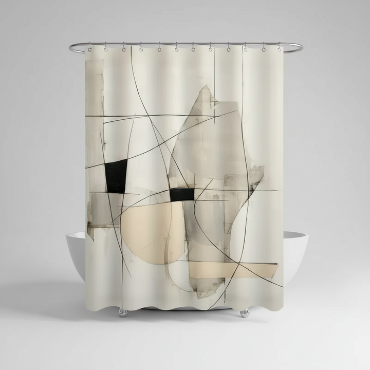 Geometric pattern on a MonoSpace shower curtain, showcasing its modern abstract design and water-repellent polyester fabric.