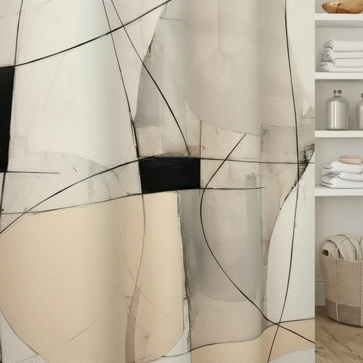 Close-up of a MonoSpace water-repellent shower curtain, highlighting its easy-care polyester and unique abstract design.