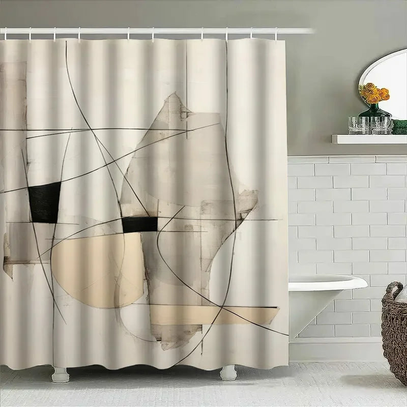 Contemporary bathroom featuring a MonoSpace abstract water-repellent shower curtain, enhancing the home decor.